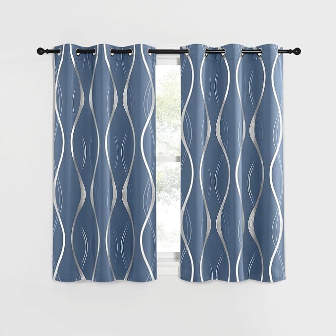 NICETOWN Kitchen Blackout Curtain Panels, Stone Blue, Set of 2, 42" by 40", Window Treatment Thermal Insulated Blackout Wave Line Foil Print Design Curtains for Kitchen, Cafe, Loft