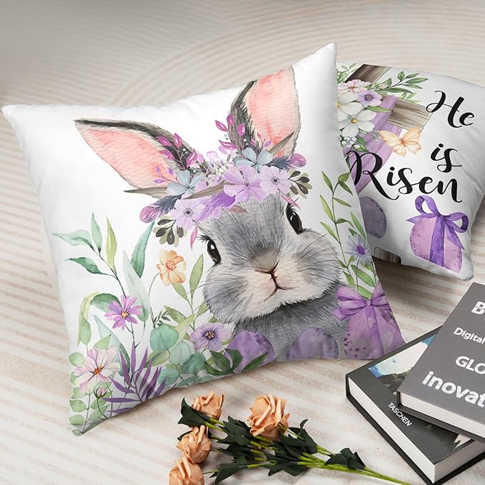 Pack of 2 Easter Pillow Covers 22x22 Floral Eggs Bunny Throw Pillow Covers Cross He is Risen Pillow Cases Purple Cushion Cases Easter Decorations for Home Couch Sofa Farmhouse