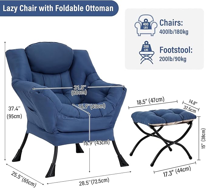 Lazy Chair with Ottoman, Modern Accent Chair with Folding Footrest, Royal Blue Sofa Chair Set, Comfortable Reading Chairs, Oversized Armchairs for Bedroom, Study, Living Room, Courtyard