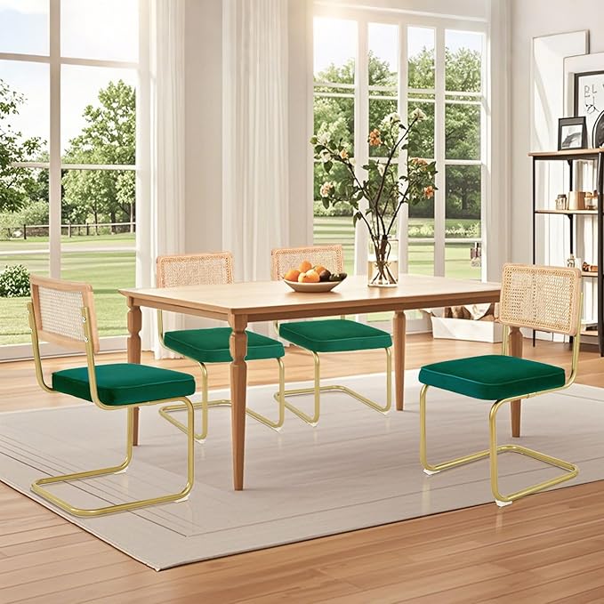 Mid-Century Modern Dining Chairs Set of 2, Velvet Upholstered Seat with Natural Rattan Backrest, Armless Side Chairs with Metal Legs, Ergonomic Design for Home Kitchen Dining Room, Green, CangLong