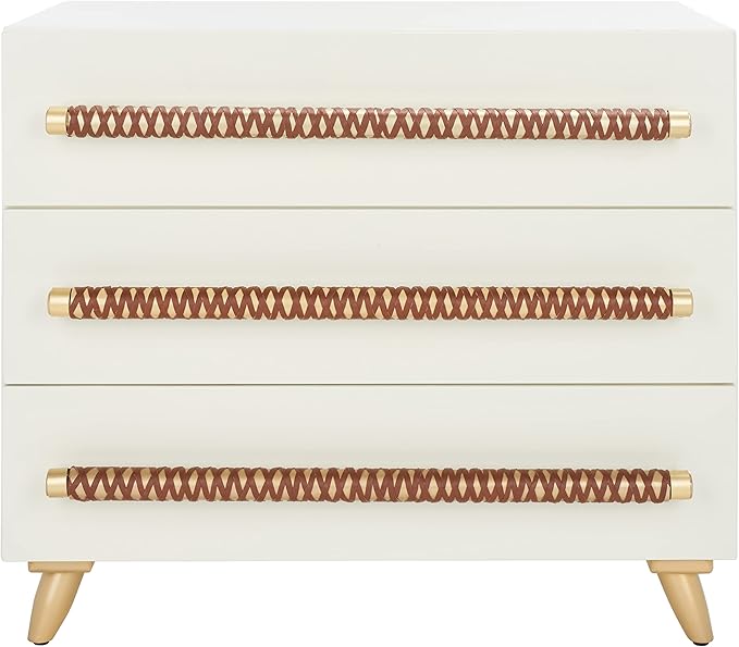 SAFAVIEH Home Collection – Raquel White 3 Drawer Chest, Mid-Century Style Dresser with Faux Leather Wrapped Drawer Pulls (CHS6602C)