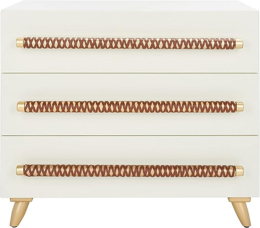 SAFAVIEH Home Collection – Raquel White 3 Drawer Chest, Mid-Century Style Dresser with Faux Leather Wrapped Drawer Pulls (CHS6602C)