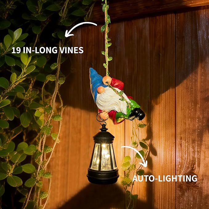 Solar Hanging Gnome Garden Statues Climbing Rope Gnome with LED Lantern Spring Outdoor Decor Tree Hugger Yard Porch Wall Fence Decoration Easter Christmas Birthday Gifts for Mom Women