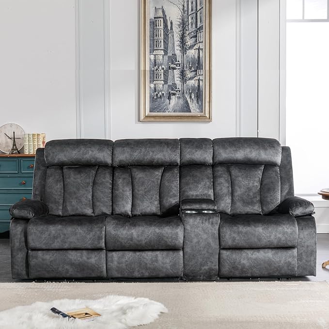 GUEAPY Power Reclining Sofa with Massage & Heat, 3 Seater Power Recliner Sofa Couch with USB & Type-C Ports, Center Console, Cup Holders & Storage for Living Room & Home Theater RV (Charcoal Grey)