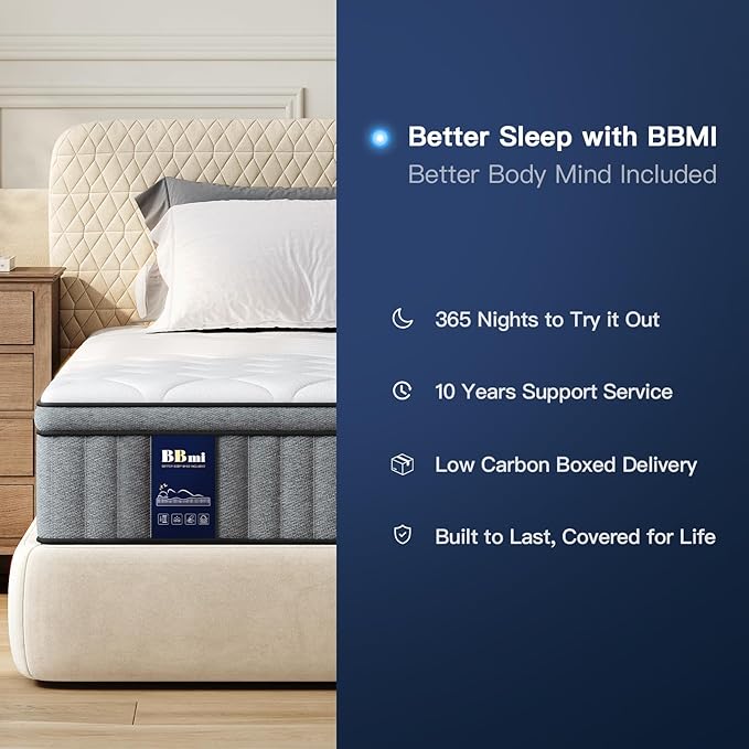 BBMI King Mattress in a Box, Medium Firm 12 Inch King Mattress with Extra Lumbar Support, Hybrid Mattresses with Gel Memory Foam and Pocket Springs, Strong Edge Support, Pressure Relief