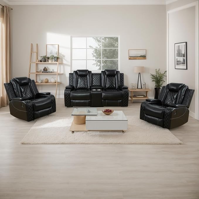 Power Recliner Sofa Set, Breathing Leather Reclining Couch Set, Leather Loveseat and 2 Recliner Chairs Set with LED Lights/Charging Ports/Storage for Home/Office (Black, Loveseat+2 Chairs)