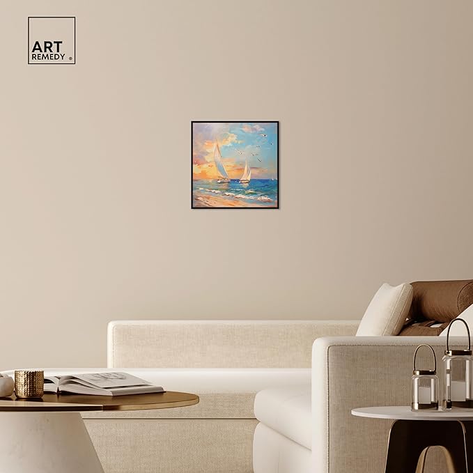Art Remedy Sailboats In The Sunset Framed Sailing 1 Piece Canvas Wall Art, 21" x 21", Black Frame