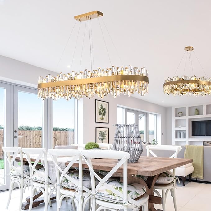 CROSSIO L52'' Modern Crystal Chandelier for Dining Room, 20-Light Gold Rectangular 2-Tiers K9 Crystal Raindrop Chandelier Flush Mount Pendant Ceiling Light for Dining Living Room Kitchen Island