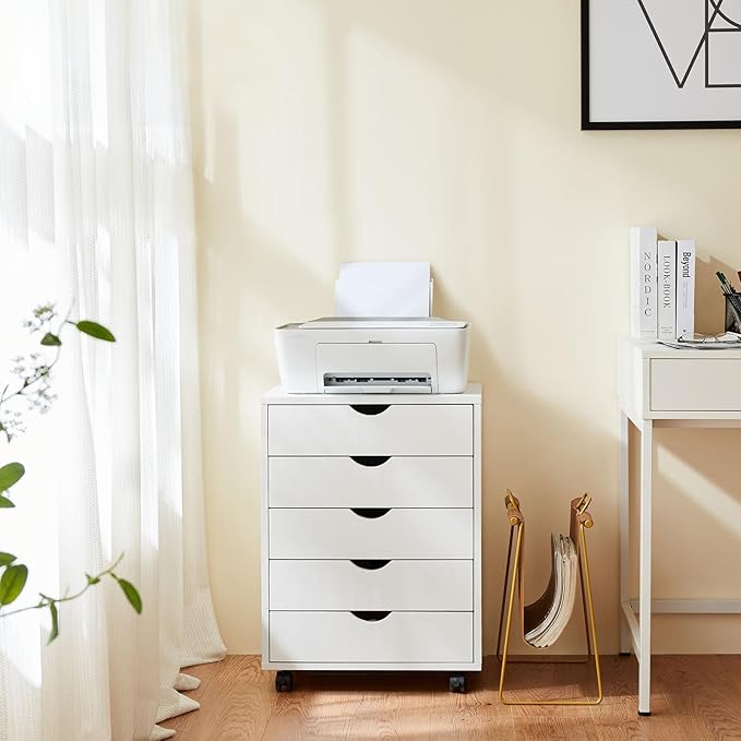 Elevon 5 Drawer Chest, Storage Cabinets Wooden Mobile Cabinet with Wheels Room Organizer, Small Drawers Wood Organization Furniture for Office, Home, White