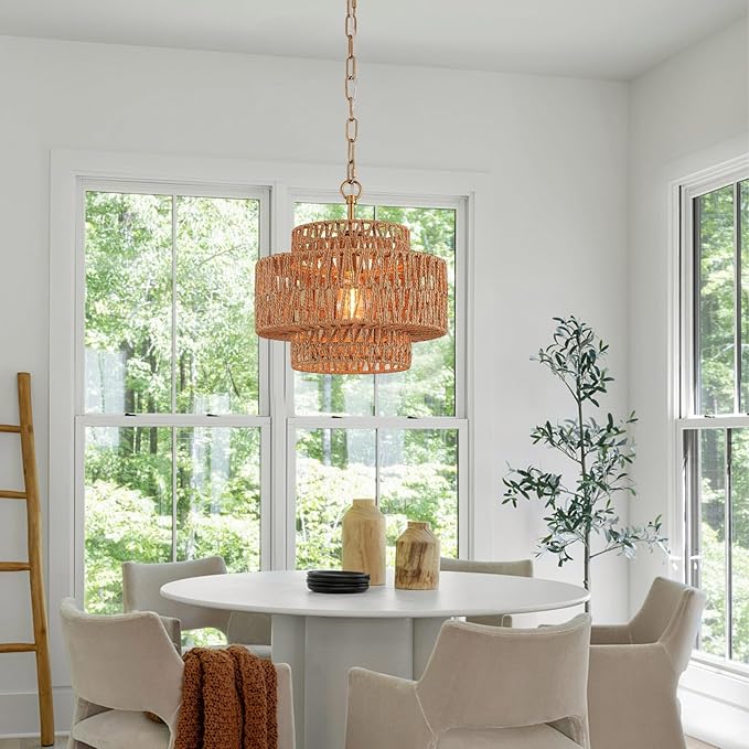 12.6" Hand-Woven Rattan Pendant Light Fixture Vintage Farmhouse Boho Bamboo Pendant Lighting Mini Drum Wicker Rattan Golden Chandelier for Kitchen Island, Bedroom, Dining Room, Entryway, Foyer