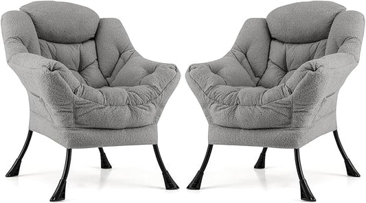 Giantex Set of 2 Lazy Chairs, Modern Sherpa Accent Chair w/Upholstered Single Sofa Chair w/Armrests & Side Pocket, Leisure Reading Lounge Chair for Living Room, Bedroom, Office, Dorm (Gray)