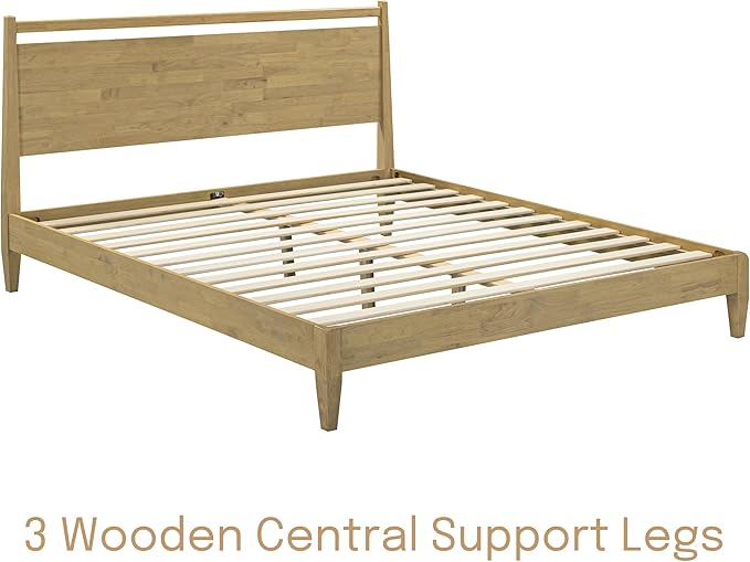 NTC Adept Wooden Bed Frame with Headboard, Solid Wood Foundation with Silent Slats and Wood Central Supports, 1000 Lb Capacity, Effortless Assembly, King - Sand