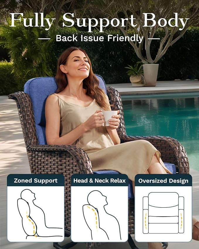 High Back Outdoor Furniture with Extra Thick Cushion Patio Swivel Rocking Chairs, 5PCS Oversized Comfort Wicker Conversation Set for Porch, Deck, Yard in Blue