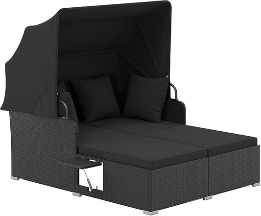 Tangkula Patio Rattan Daybed with Retractable Canopy, Outdoor Wicker Sunbed Lounger with 2 Foldable Side Tables, Thick Seat & Back Cushions, Outside Double Daybed for Garden, Backyard, Porch (Black)