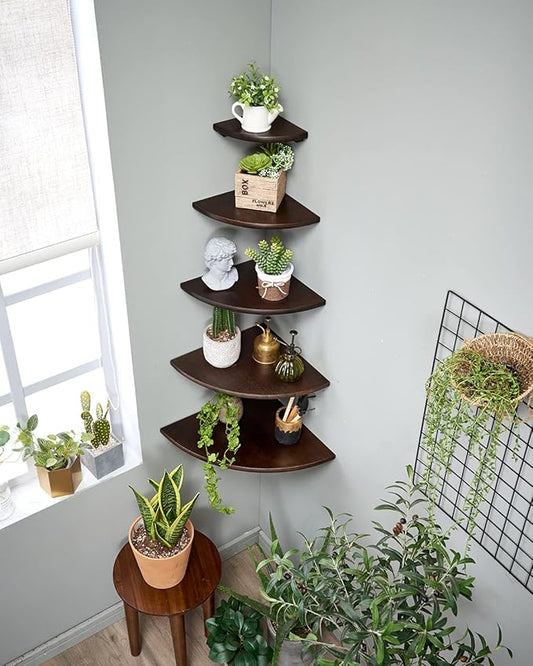 Corner Shelf,16inch Walnut Solid Wood Floating Corner Shelves Wall Mount Round End Floating Speaker Rack with Wire Hole for Small Plant for Bedroom Kitchen, Living Room