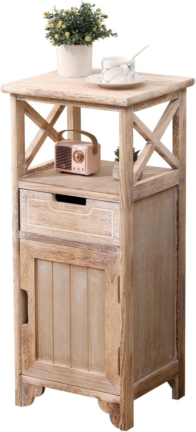 Fully Assembled 30in Height Nightstand, Pre- Assembled Bathroom Floor Cabinet with Shelf and Storage Drawer, Tall End Table No Assembly Chest for Living Room Bedroom-Distressed White