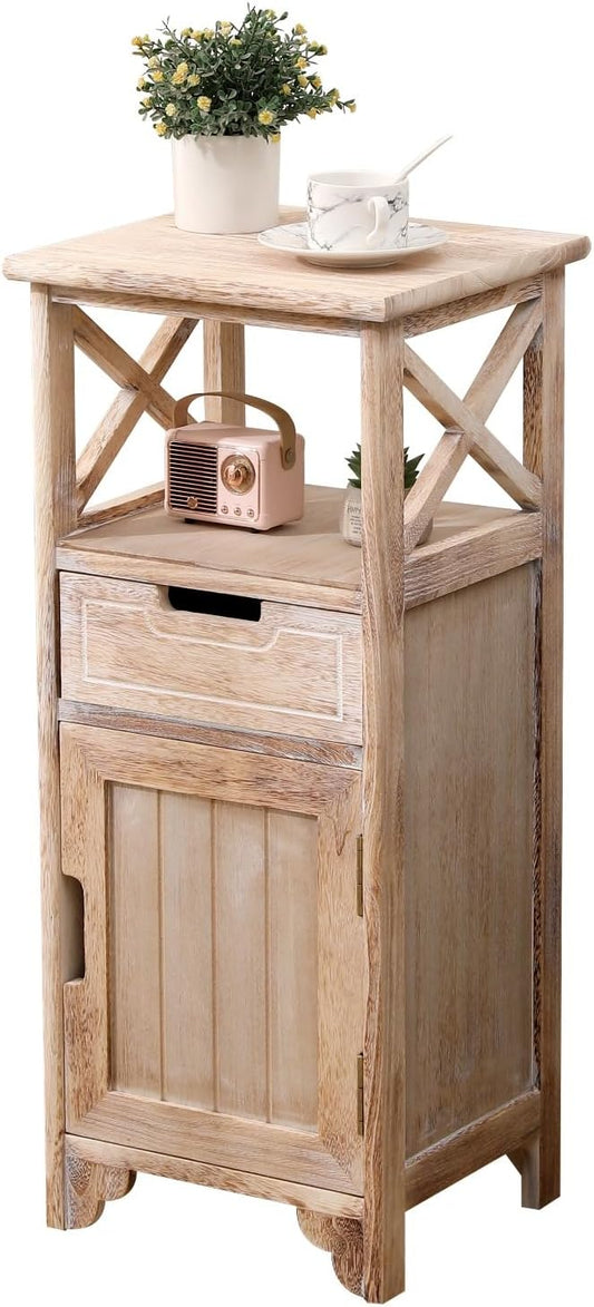 Fully Assembled 30in Height Nightstand, Pre- Assembled Bathroom Floor Cabinet with Shelf and Storage Drawer, Tall End Table No Assembly Chest for Living Room Bedroom-Distressed White