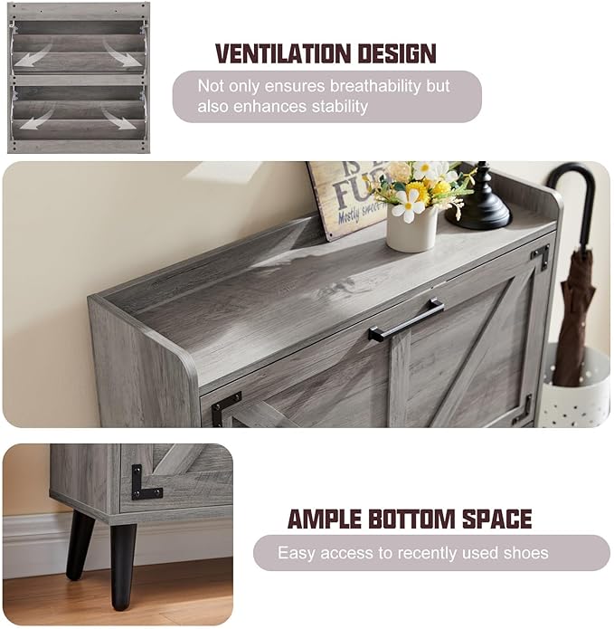 Shoe Storage Cabinet with 2 Flip Drawers, Farmhouse Hidden Shoe Organizer, Narrow Slim Shoe Rack Cabinet for Entryway Hallway,Washed Gray