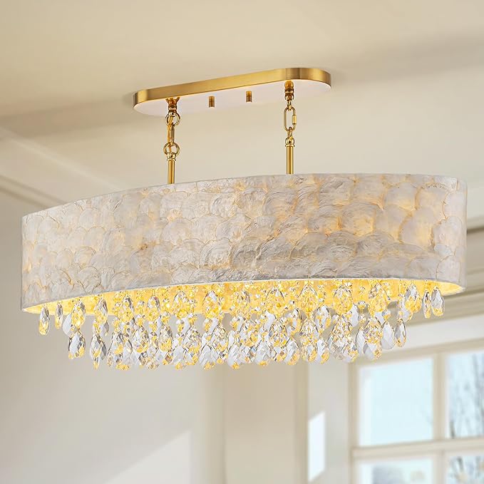 6-Light Oval Capiz Shell Crystal Linear Chandeliers, Coastal Design Light Fixture for Dining Room, Kitchen Island, L32xW12xH19~65 Inch(Adjustable), Shell Lampshade & Brass Finish