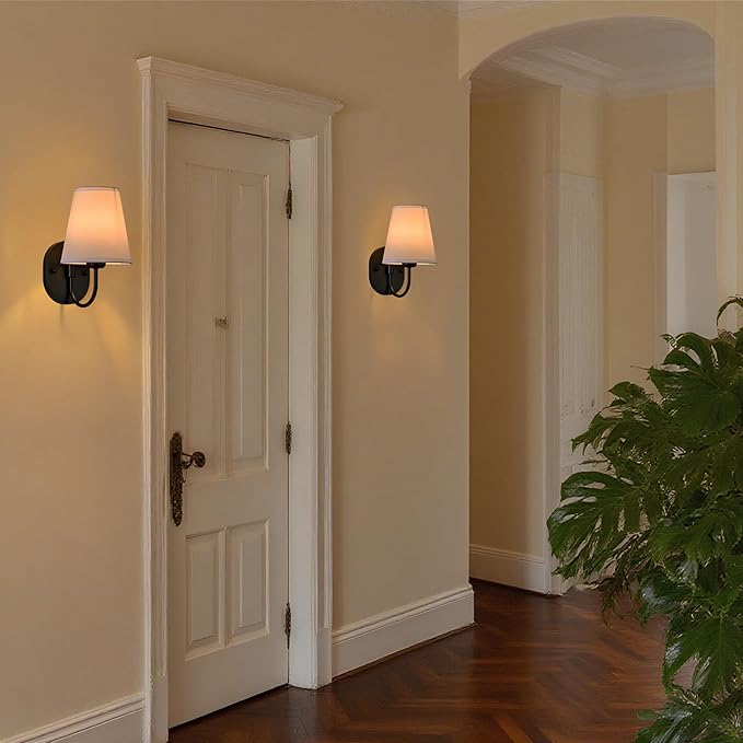 Hardwired Set of 2 Black Metal Wall Sconces with White Fabric Shades – Small Modern Wall Lights for Bedroom, Hallway, Bathroom,Staircase