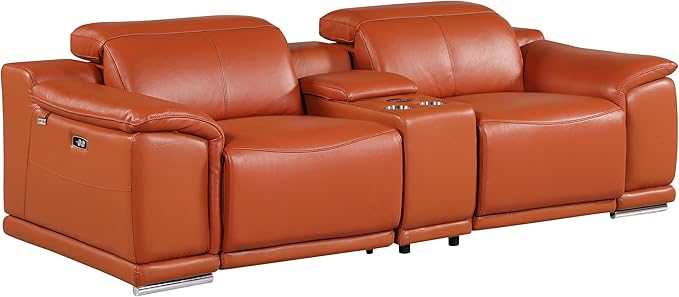 BlackJack Furniture Venice Top Grain Italian Leather Recliner 7 Seater 5 Power Reclining 3 Piece Sofa Set with Adjustable Headrests Modern Seating Sofa, Loveseat and Chair for Living Room , Camel