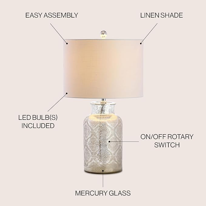 JONATHAN Y 24.5" Mercury Silver Trellis Glass Table Lamp for Living Room, White Linen Shade, Modern Bedside Nightstand Lamp for Bedroom, LED Bulb Included, UL Listed JYL1063A