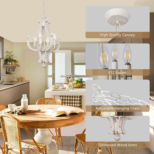 French Country Chandelier, 4-Light Rustic Farmhouse Distressed White Chandeliers for Dining Room, Modern Wood Kitchen Light Fixtures, Hanging Light Fixture for Bedroom Entryway Island