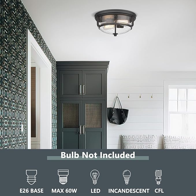 Emliviar 12 Inch Ceiling Light with Seeded Glass Shade - Indoor Outdoor Modern Flush Mount Ceiling Light Fixture, Black Finish, WE249F BK