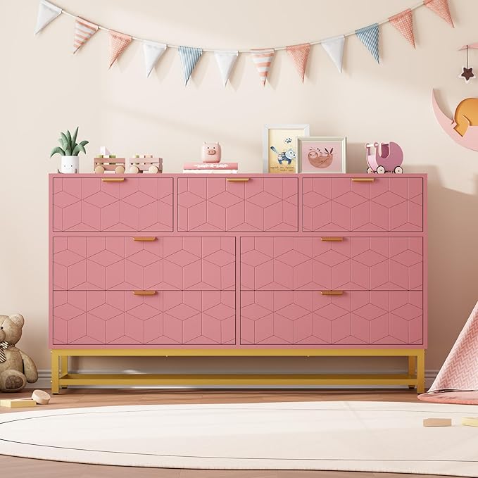 GAOMON Dresser for Bedroom, 53.5" Wide Dresser Organizer, 7 Drawer with Golden Metal Handle and Legs, Modern Chest of Drawers for Closet, Hallway, Living Room, Entryway, Pink