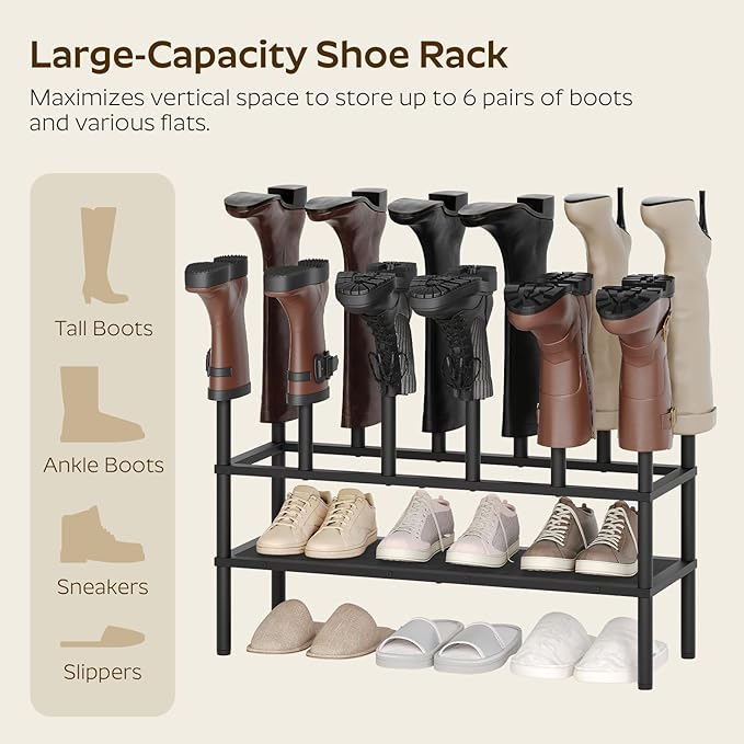 Free Standing Shoe Rack, 3 Tier Boots Rack Organizer, Tall Boots Rack for Closet, Cowboy Boot Storage, Holds 10 Pairs, Black SS09BBY1