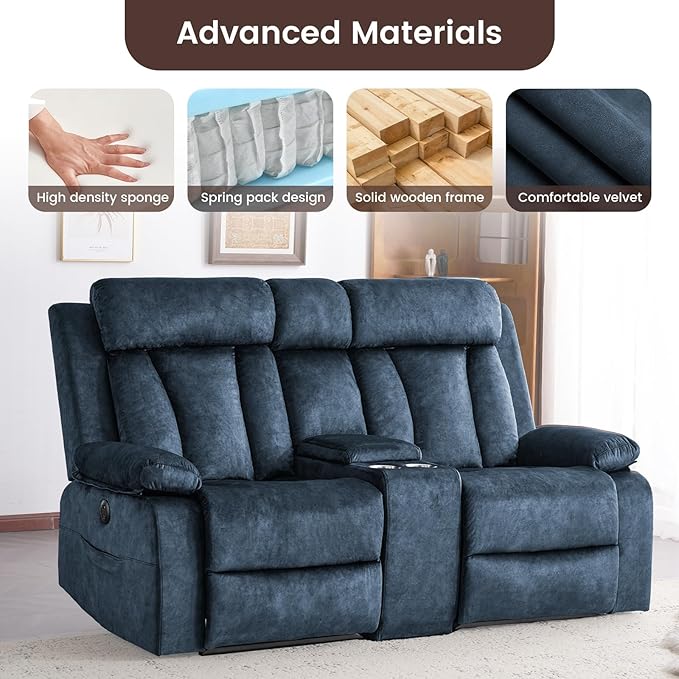 Power Loveseat Recliner Sofa with Heat and Massage, Double Recliner Loveseat with Console, RV Recliners-Wall Hugger Reclining Couch with USB & Type C for Living Room, RV,Home Theater | Heat and Massage, Cup Holder
