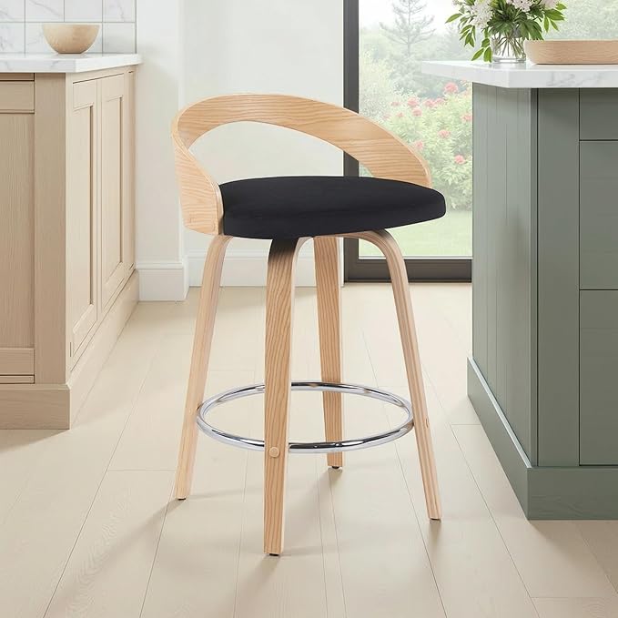 Sonia Modern Swivel Counter Height Bar Stool with Black Upholstered Seat and Patterned Oak Wood Finish Set of 3
