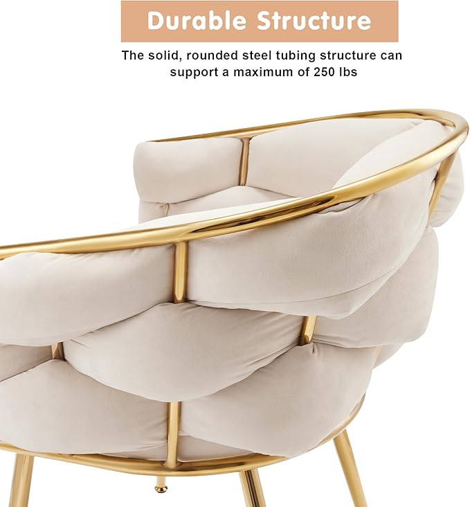 Luxury French Weave Accent Chair with Metal Legs, Mid Century Modern Lounge Chair for Living Room Bedroom Office, Industrial Chic Design Soft Cushion Sturdy Frame 350lb Capacity, White