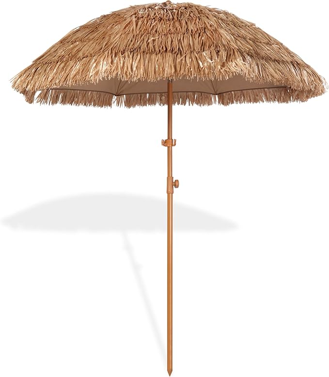 Seazul 6.5ft Hula Tahtched Tiki Patio Umbrella, Beach Umbrella Hawaiian Style with Hanging Hook and Tilt Design, 8 Ribs with Carry Bag for Outdoor Tiki Bar, Tropical Palapa, Garden, Pool, Natural