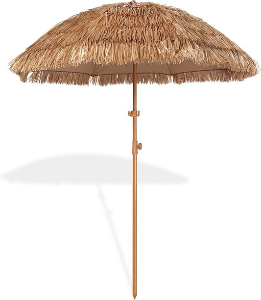Seazul 6.5ft Hula Tahtched Tiki Patio Umbrella, Beach Umbrella Hawaiian Style with Hanging Hook and Tilt Design, 8 Ribs with Carry Bag for Outdoor Tiki Bar, Tropical Palapa, Garden, Pool, Natural