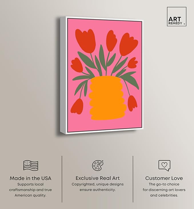 Art Remedy Bright Romantic Tulips Canvas Boho Colorful Wall Art, White Frame, 16" x 24"