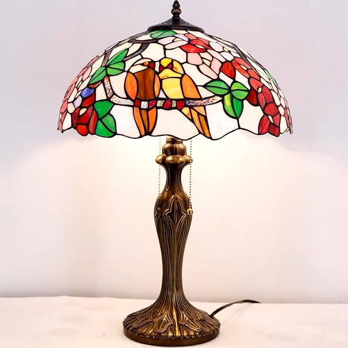 WERFACTORY Tiffany Style Table Lamp Double Birds Colorful Stained Glass Bedside Lamp 16X16X24 Inches Desk Light Metal Base Decor Bedroom Living Room Home Office S803 Series