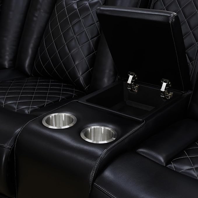 Power Recliner Sectional Sofa Set for Living Room, Leather Recliner Sofa Sets, L-Shaped Corner Sectional Couch Sets with LED Lights, Console Storage(Sectional,Black)