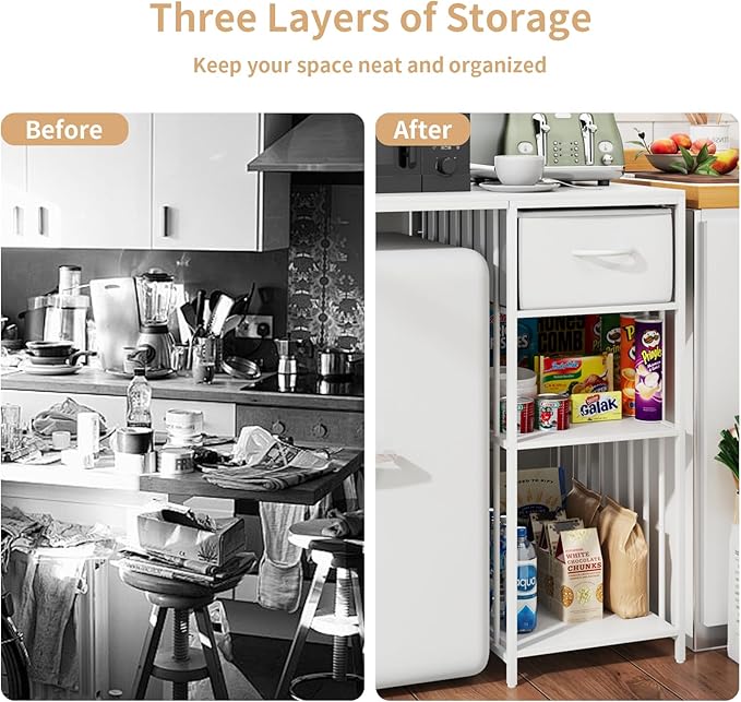 VOWNER Mini Fridge Cabinet with Power Outlet, 3-Tier Industrial Style Kitchen Microwave Stand Baker Rack with Drawer, Utility Storage Shelf for Home Kitchen Dorm Office, White, 35" Lx22 Wx37 H