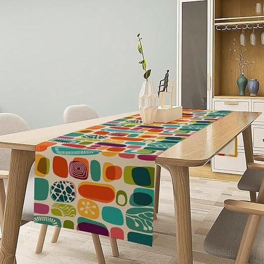 Mid Century Geometry Table Runner Colorful Rectangle Bohemia Abstract Geometry Pattern for Home Kitchen Table Decor Dining Coffee Room Party Decor 13x60in