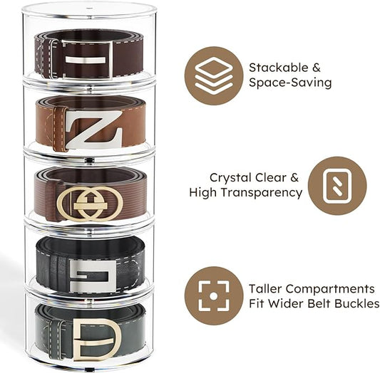 FEMELI Belt Organizer, Acrylic Belt Storage Holder for Closet & Drawer, 4-Layer Stackable Display Case for Belts, Watches, Jewelry and Ties