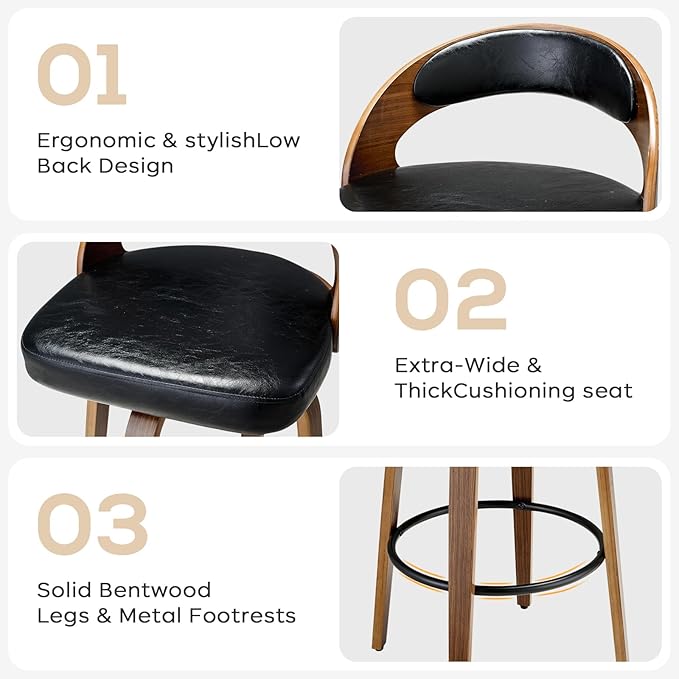 Swivel Bar Stools Set of 6, 30.15" Counter Height Bar Stools for Kitchen Island, Black Barstool Upholstered Faux Leather & Solid Wood Legs, Mid Century Modern Bar Chairs