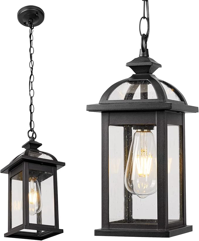 Darkaway Outdoor Pendant Light Fixture Lantern, Hanging Porch Light with Glass Aluminum Outdoor Pendant Lights for Porch, Patio, Entryway (1 Pack, Black)