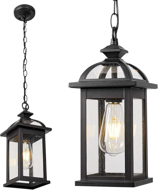 Darkaway Outdoor Pendant Light Fixture Lantern, Hanging Porch Light with Glass Aluminum Outdoor Pendant Lights for Porch, Patio, Entryway (1 Pack, Black)