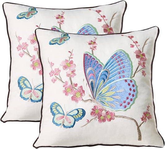 Set of 2 Embroidered Decorative Throw Pillow Covers Couch Square Pillowcases Cushion for Bedroom Sofa Farmhouse Decor 18x18 Inch (Blue Butterfly)
