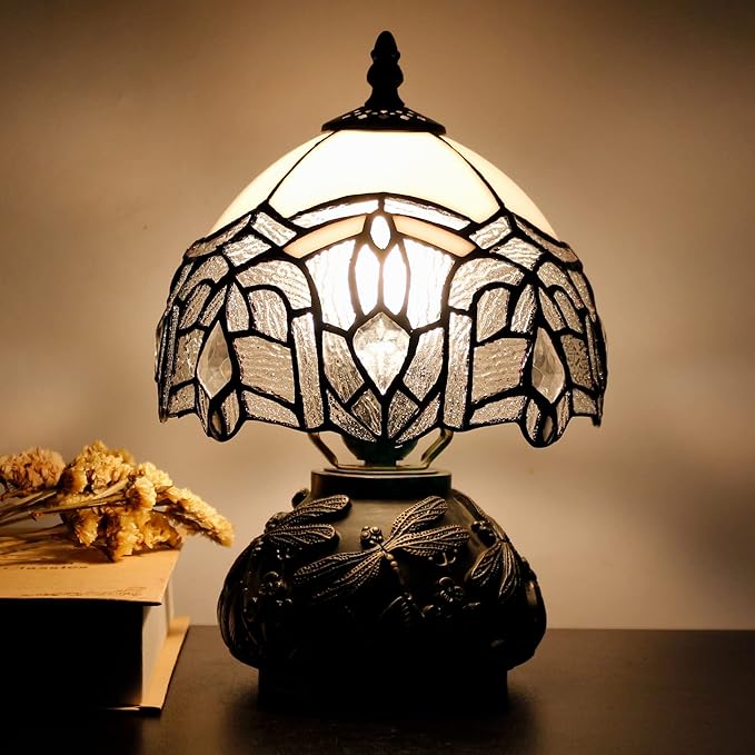 Small Tiffany Lamp Mini Stained Glass Table Lamp White Bending Style Mushroom Desk Light Memory Sympathy Lamp 8X11 Inch