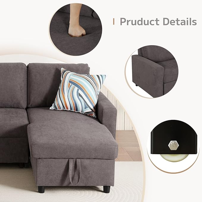 Yafylly L-Shaped Sleeper Sofa with Chaise Lounge & Storage, Pull-Out Couch Bed with Recliner, Full Size Futon for Living Room, Office, Apartment, Coffee