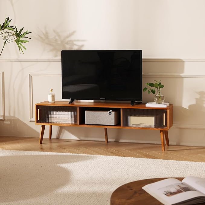 Bamboo TV Stand Entertainment Center tv Console, Mid-Century Modern Television Stand for 55-65 inch TVs, Wood TV Stand with Storage, Tv Stands for Living Room, Bedroom and Home Decor, Brown