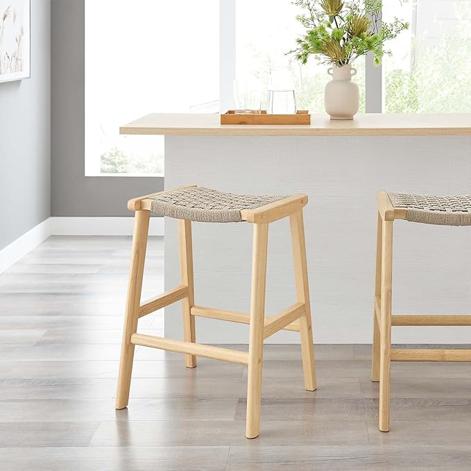 Modway Saoirse Woven Rope Wood Counter Stool - Set of 2 in Natural Natural