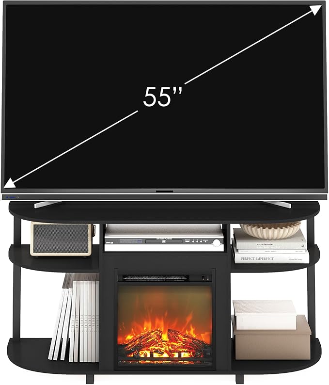 Furinno Jensen Fireplace TV Stand, Curved Entertainment Center, TV Console for TV up to 55 Inch with Fireplace and Open Storage, for Living Room, Bedroom, Americano